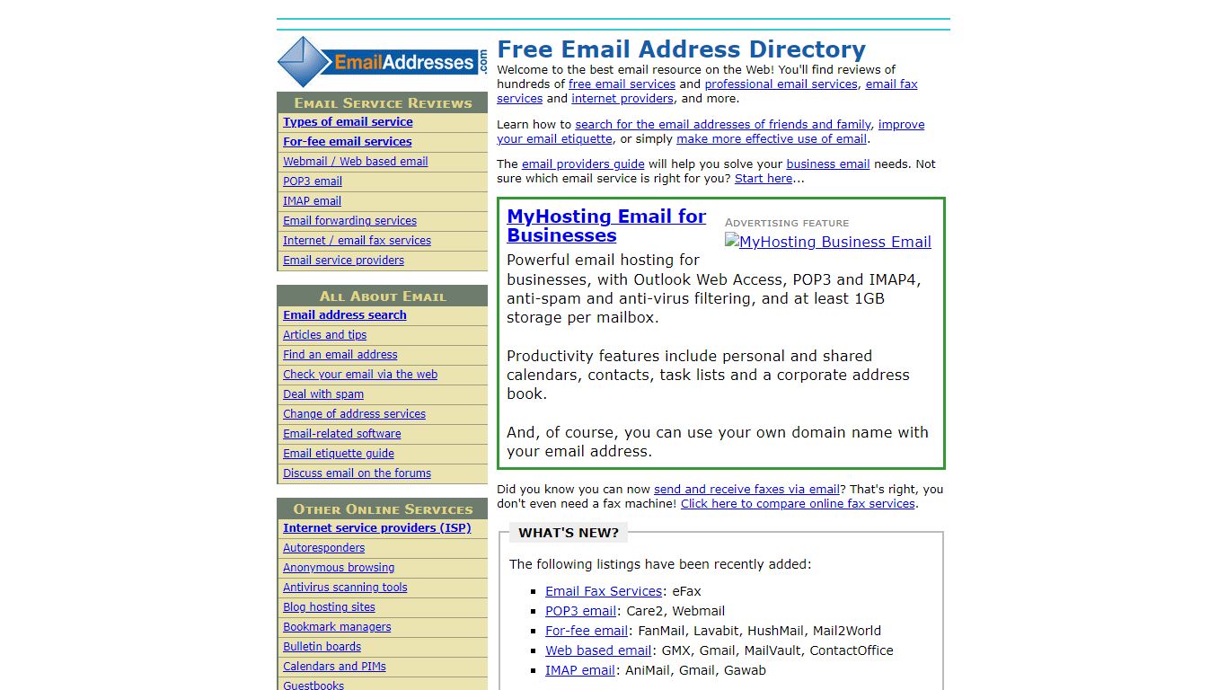 Free Email Address Directory : Guide to free email and other services